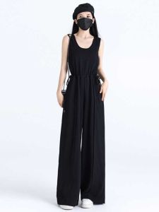 Hebe Style Black One-Piece Pants Women Elegant Sleeveless Waist Cinched Summer Drapey Loose Wide Leg Floor-Length Overalls