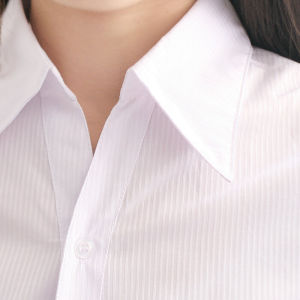Spring and Summer Extra Large Size White Shirt Women Silm Waist V Neck Vertical Stripe Shirt Short Sleeve Business Ol Long-Sleeve Working Clothes