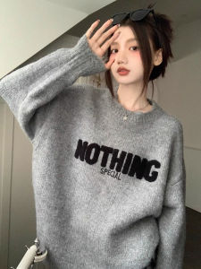 Korean Letters Embroider Gray round-Collar Pullover Sweater Female Fall and Winter New Arrival Loose Lazy Style Long Sleeve Knitting Tops