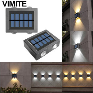 Vimite Đèn ốp tường năng lượng mặt trời 4 bóng LED trang trí ngoài trời/ sân vườn cảm ứng tự động ánh sáng trắng chiếu điểm ấm áp chống nước cho nhà cửa/ hàng rào/ đường phố/ ban công/ giáng sinh-INTL