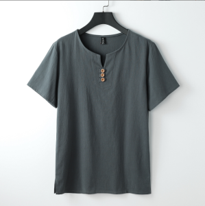plus Size Cotton Linen Short Sleeve T-Shirt Mens Loose Fit Summer Fashionable round Neck Single Color Top for Middle-Aged And Elderly