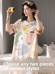 Summer Sleep Dress Womens Short Sleeve Loose Thin Cotton Cartoon Print Home Wear Dress mid Length round Neck Print Sleepwear