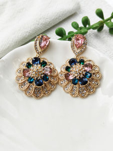 Exaggerated French Flower Earrings Purple Full of Diamonds Heavy Work Large Style Fashion Jewelry Womens Earring Accessories