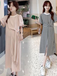 Maternity Summer Dress Fashionable Striped Short Sleeve Knot Waist Design Cotton Midi Skirt Korean Style Maternity Gown