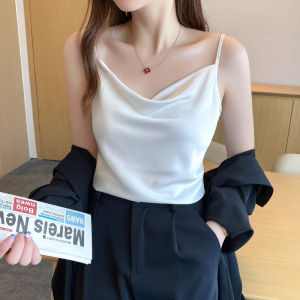 Elegant White Silk Satin Drapey One-Shoulder Vest Womens Base Shirt Outwear Suit Backless Versatile Slim Fit Pure Color