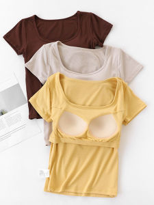 Cup Integrated T-shirt Female Bottoming T-shirt Tops Bra with Chest Pad Square Collar Short Sleeve Summer Short Pure Color Black and White