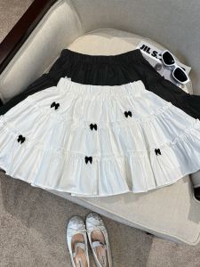 GUZILIAN | Korean Style Sweet Butterfly Knot A-Line Short Skirt High Waist Puffy Summer New White Elastic Waist Mini Skirt Girls Dress