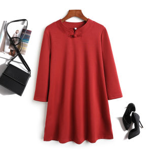 ชุดเดรสทรงเอหลวมๆ สีแดง คอตั้ง แขนยาว กระโปรงทรงเอ สำหรับผู้หญิง ฤดูใบไม้ผลิและฤดูใบไม้ร่วง ชุดเดรสสไตล์จีน