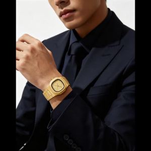Men Gold Octagonal Arabic Numeral Quartz Watch Integrated Plastic Band Casual Wristwatch