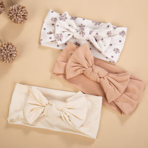 3Pcs/Lot Cream Color Mini Flower Print Bows Headbands Baby Girls Topknotted Headwraps Kid Korean Soft Ribbed Elastic Hairbands