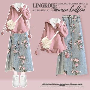 NUMEN BUTTON | Slimming Spring Elegant Plus Size Knit Top Denim Skirt Three-piece Set