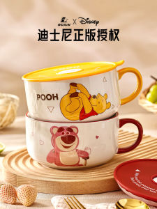 Large Capacity Ceramic Noodle Bowl with Lid And Handle for Dormitory Students Home Use Keeping Rice Bowl Cartoon Style