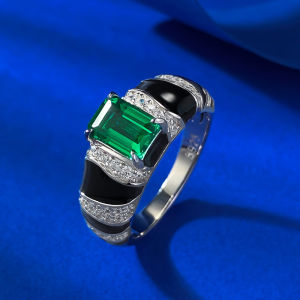 Luxury 5x7 Emerald Ring Women Anniversary Wedding Gift S925 Silver Plated 18K White Gold Jewelry