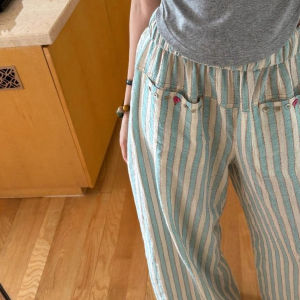 Womens Casual Stripe Pants Thin Straight Leg Loose Fit High Waist Spring Summer Cotton Woven Trousers Fashionable Wide Leg Pants