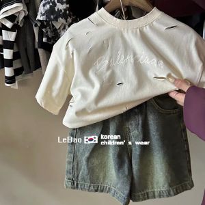 Áo Thun Nam Mùa Hè Dáng Rộng Tay Ngắn Hở Vai Thời Trang Trẻ Em Phong Cách Hàn Quốc Chất Liệu Khác Màu Trơn Cổ Tròn Không Mũ