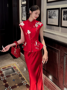AXU | Red Satin Cheongsam Dress Set New Chinese Style Engagement Drinking Ceremony Womens Summer Fashion Retro Ensemble Two-Piece Suit