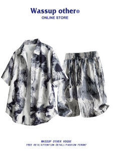 Bộ Quần Áo Nam Mùa Hè 2 Mảnh In Dye Mực Trung Quốc Tay Ngắn