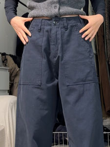กางเกงขายาวทรงตรงสไตล์ย้อนยุคสไตล์อเมริกันสำหรับผู้หญิง กางเกงขายาวทรงหลวมสีน้ำเงินเข้ม กางเกงขายาวลำลองที่สวมใส่สบายสำหรับผู้หญิง