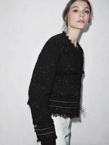 AMII | Luxurious Style Coarse Tweed Fringe Pleated Cuff Box Jacket Outwear