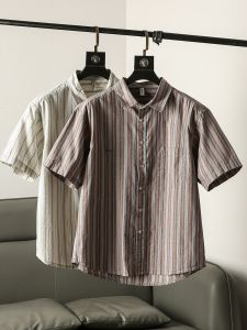 Summer New Mens Casual Cotton Shirt Washed Short Sleeve Striped Breathable Loose Fit Youthful Style Daily Wear Vintage Japanese