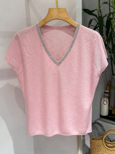 Shalldoer | Áo thun nữ tay ngắn cổ chữ V màu hồng thời trang mùa hè 2025 Áo thun nữ dáng ôm vừa vặn chất liệu cotton pha trộn