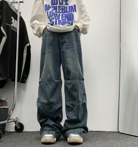 หลวม ขาตรง กางเกงยีนส์ ผู้ชายอเมริกันย้อนยุคขากว้างยาวพื้น กางเกงขายาว อินเทรนด์ ยี่ห้อ เอวยืดหยุ่น งานเย็บปะติดปะต่อกัน กางเกงลำลอง