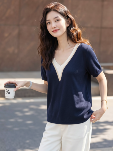Basic House | Color Block Faux Two-piece V-neck Short Sleeve Knit Top