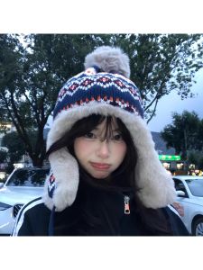 Thickened Fleece Knitted Fair Isle Style Womens Winter Hat Ear Protection Snowplay Cold Proof Outdoor Cap Retro Sweet National Fashion Casual