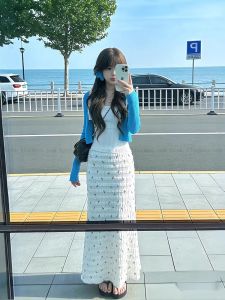 XUECAIQI | Elegant Blue Knit Cardigan and Skirt Set