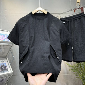 Summer Mens Short Sleeve Shorts Set Quick Dry Sportswear Fashionable Casual Polyester Fiber Five-Quarter Length T-Shirt