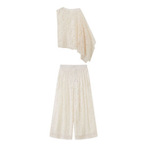 Heavy Embroidery Lace Set Sleeveless Poncho Top High-Waist Wide Leg Pants