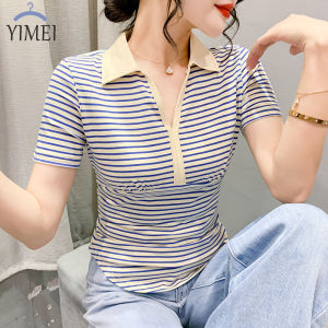 YIMEI Áo Thun Có Cổ Tay Ngắn Cổ Áo Cotton Áo Phông Sọc Cho Nữ Áo Mới Thiết Kế Cảm Giác Ve Áo Thon Mùa Hè 2023