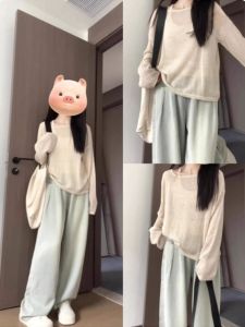 Ladies Hollow out Knitted Ice Silk Lightweight Summer Spring Cardigan Sleeveless Low Collar Long Sleeve T-Shirt Style Top