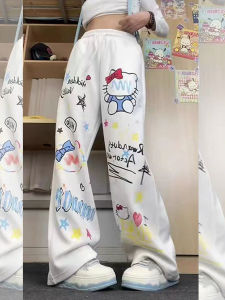 American Style Hellokitty Graffiti Cat Print High Street Casual Sports Pants Womens Wide Leg Pants Spring Dancing Trousers
