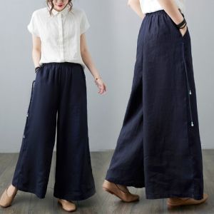 Loose Cotton Linen Wide Leg Pants Summer Casual High Waist Artistic plus Size Big Foot Clogs Slimming Effect Womens Trousers