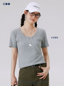 Slimming Soft Cotton Blend T-Shirt Womens Double Collar Type Ribbed Waist-Cinching Casual Top in Multiple Colors