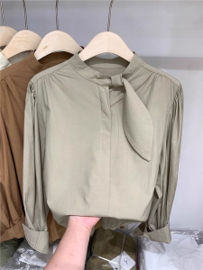 Áo Sơ Mi Cổ Đứng Màu Trơn Mùa Xuân 2025 Dáng Rộng Thanh Lịch Thời Trang Công Sở Chất Liệu Polyester Dài Tay Dài Thường
