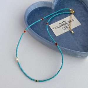 Natural Turquoise Beaded Necklace for Women Summer Luxury Minimalist Design Clavicle Chain Jewelry  out Fashion Trend