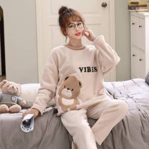 Womens Pajamas Winter Fleece-lined Thickened Coral Fleece Long Sleeve Heattech Loose Internet Hot Cute and Sweet Student Homewear