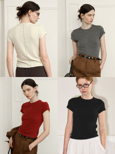Imported Fresh Moi Rainbow Cotton Candy Double-sided Lyocell Wool Short-sleeved Bare Sensation Slimming round Neck T-shirt