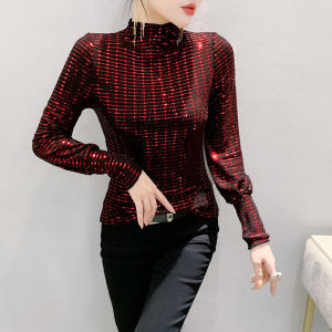 REHIN New Winter/Spring Half-Turtleneck Sequin Long Sleeve T-shirt Slim-Fit High neck Design M-XXXL Elegant Womens Top