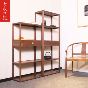 Black Walnut Wooden Bookshelf Floor Modern New Chinese Style Storage Rack Living Room Entrance Shelf All Solid Wood Multi-Layer Small Antique Shelf