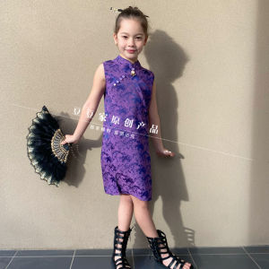 ชุดเด็กผู้หญิงแขนกุดสีม่วงสง่างาม ชุดฤดูร้อน ชุดจีนใหม่ กระโปรงทรงเอพิมพ์ลายดอกไม้บางๆ สำหรับเด็กวัย 1-12 ปี