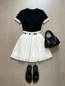 QINGMUZI | Elegant French Style Black and White Contrast High Waist Pleated Slimming Womens Set
