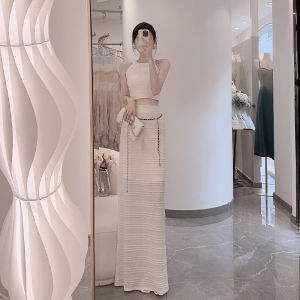 SHANGSHA | High-End Elegant Lady Dress Little Luxury Rebellious Fashion White Halter Neck Autumn