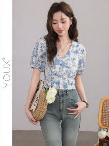 YOUXIANG | Áo Nữ In Hoa Dây Nịch V-neck Tay Ngắn