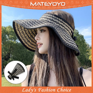 MATEYOYO Women Sun Cap Sun Shade Hat Foldable Empty Top Hat Casual Knitted Sun Hats Portable Beach Cap Large Brim Cap Sun Protection Cap UV Protection Straw Hats With Windproof Rope for Outdoor Travel