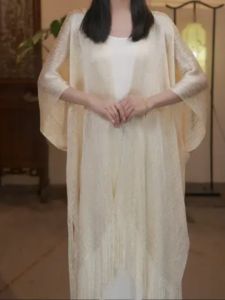 Summer Coat Decorative Tassels Cape Cut Out Sunscreen Shawl Woven Shiny Party Travel Lady Pure Color Shawl