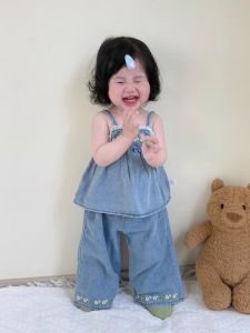 Summer Girls Denim Set Korean Style Cute Strap Top Wide Leg Pants Two-Piece Outfit Casual Cotton Polyester Blend