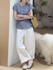 Shalldoer | College Style Womens Summer Shirt Short Sleeve Waist Cinched Slimming Set Two Piece Pure Color Casual Pants Fashionable Ensemble